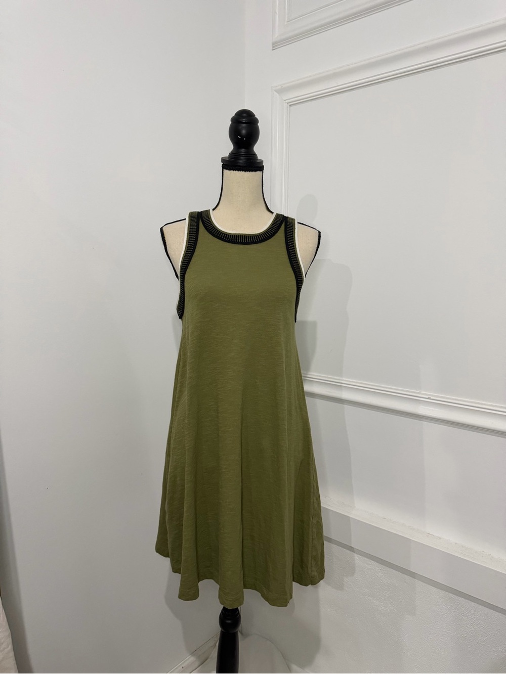 LOFT Olive Green Swing Midi Dress with Black Trim